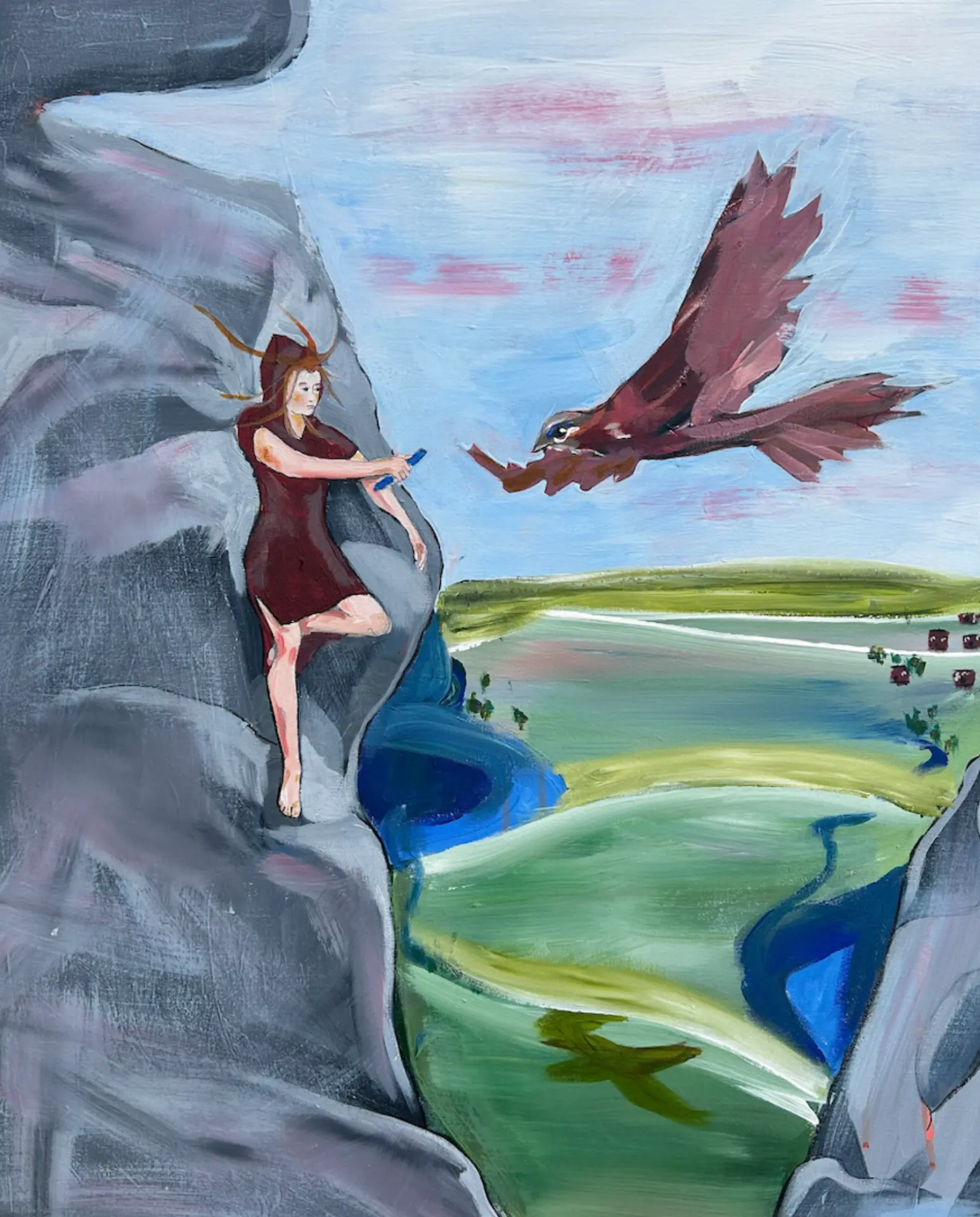 Painting of a girl on a cliff meeting a large bird
