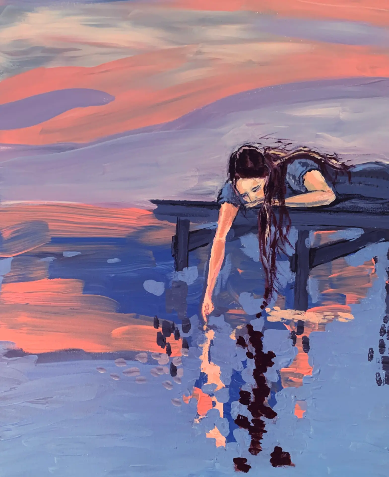 Painting of a girl on a jetty at sunset