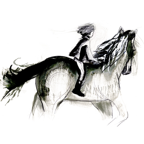 Ink drawing of a child riding a horse