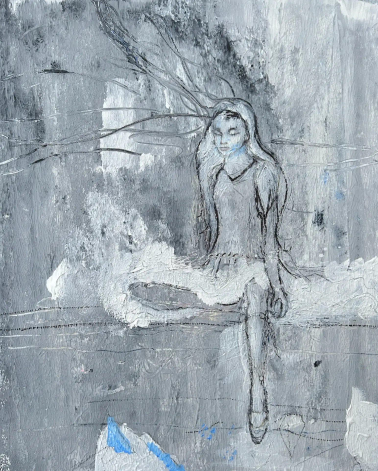 Grey-toned painting of a seated girl